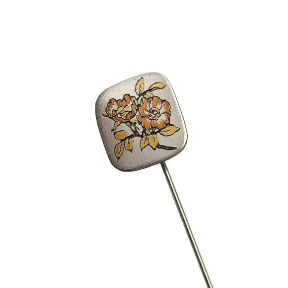 Reed & Barton Damascene Orange Yellow Floral Stick Pin Silver Tone Vintage - Picture 2 of 4